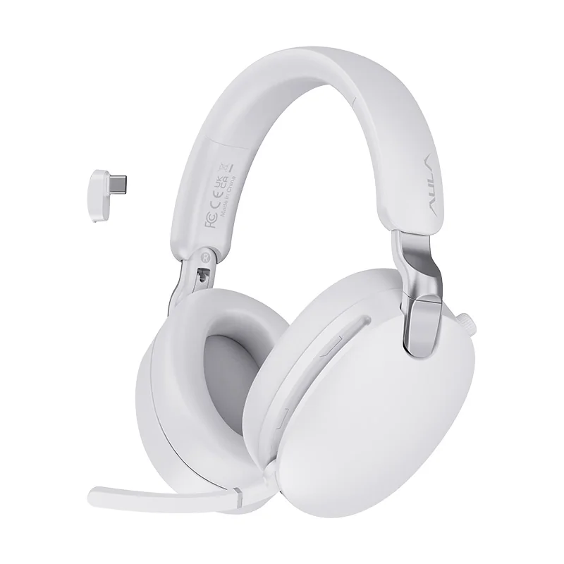 Наушники AULA A500 в белом цвете рядом с приёмником 2,4 ГГц (USB Type-C)