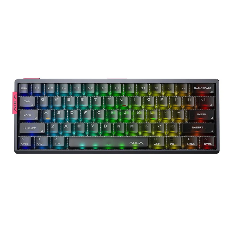 AULA AG60 Pro klaviaturasi Metallic Gray rangida: toʻq kulrang alyuminiy korpus va RGB bilan tutunrang yarim shaffof keykaplar, yuqoridan koʻrinish
