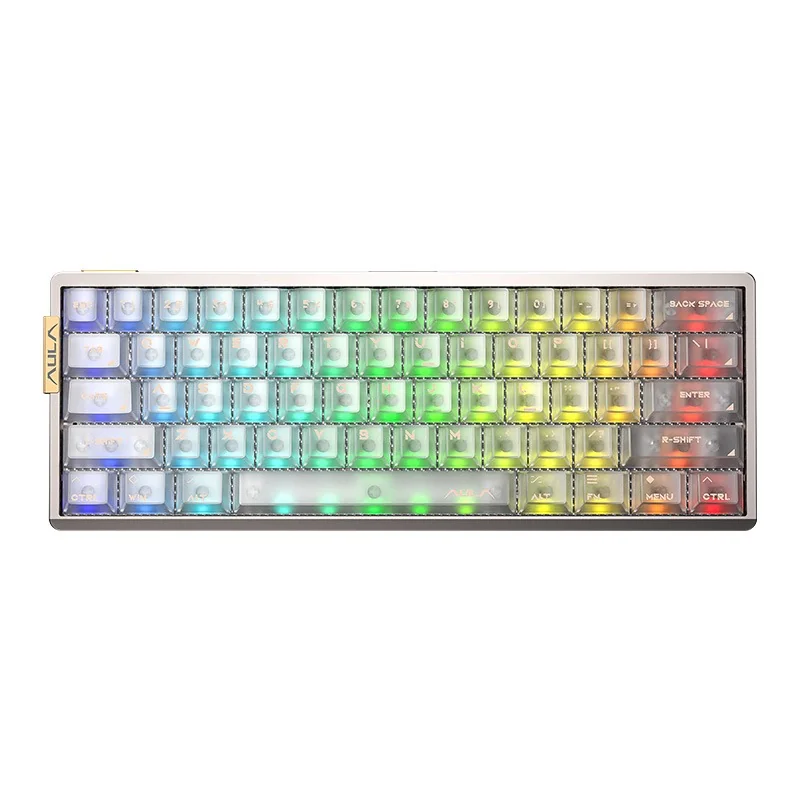 AULA AG60 Pro klaviaturasi Warm Silver rangida: yorugʻ alyuminiy korpus va RGB bilan yarim shaffof oq keykaplar, yuqoridan koʻrinish