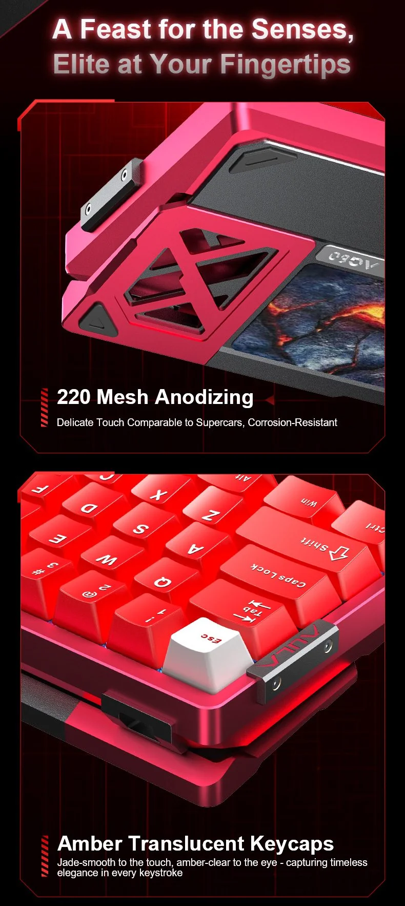 AULA AG60 details: the 220-grit anodised case and the translucent keycaps in close-up (the board shown is Racing Red)