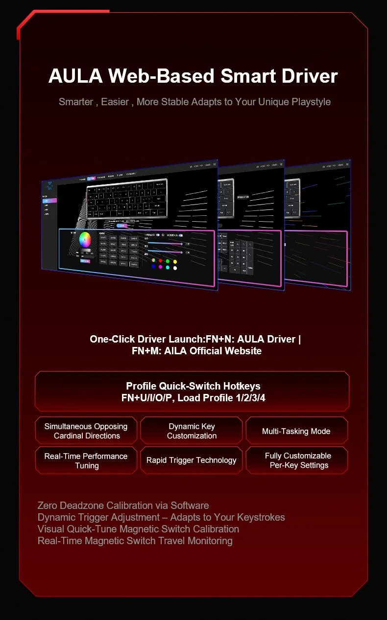 The AULA web driver in a browser: FN+N launch, FN+U/I/O/P profiles, Rapid Trigger, SOCD, DKS and per-key settings