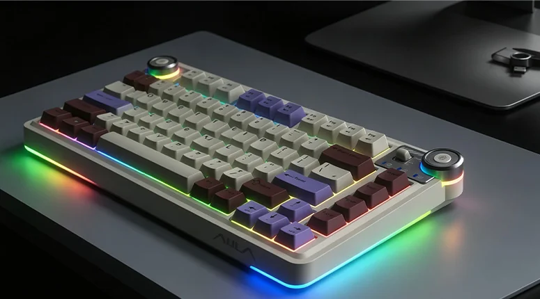 Бежевая AULA AU75 на столе с включённой RGB-подсветкой по периметру
