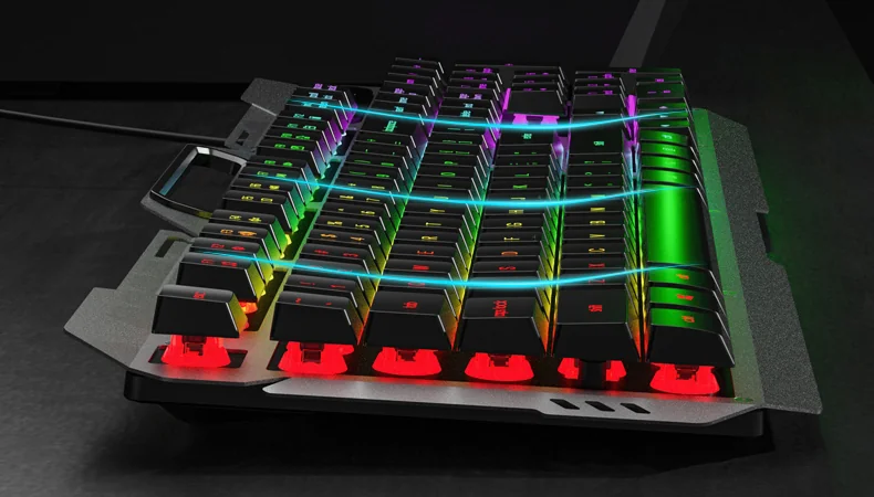 Close-up of the AULA F2023 from the side: keycaps raised above the metal plate with light along the rows