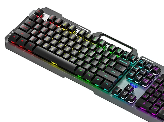 AULA F2023 at an angle: the left half of the layout, lit keycaps and the metal top panel