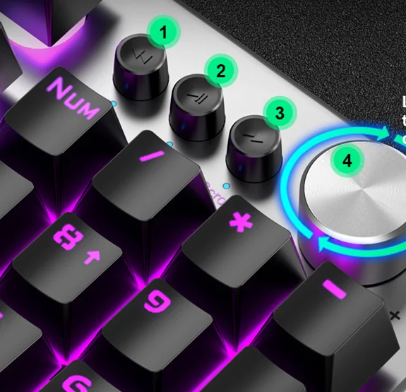 Close-up of the AULA F2028: the metal knob and three media keys above the number pad