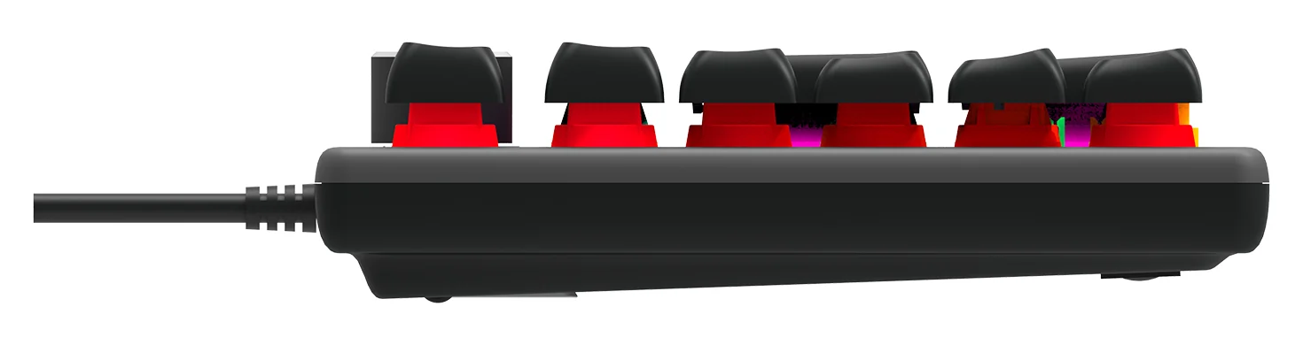 AULA F2028 from the side: key rows at different heights above the case, with the light under the caps