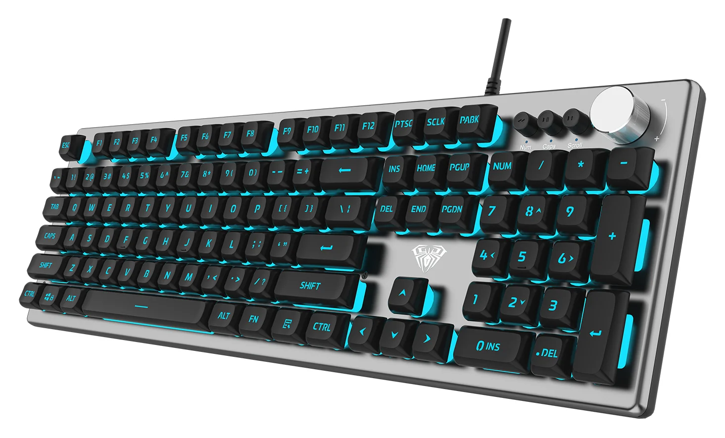 AULA F2028 keyboard at three quarters: a silver metal panel, black keycaps, the knob and three media keys
