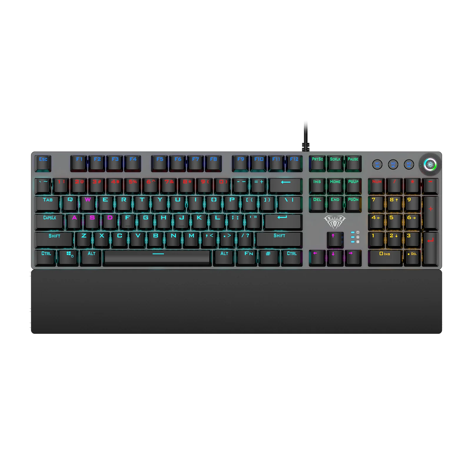 AULA F2058 mechanical keyboard from above: 104 keys, the knob with M1–M3 buttons and the magnetic wrist rest