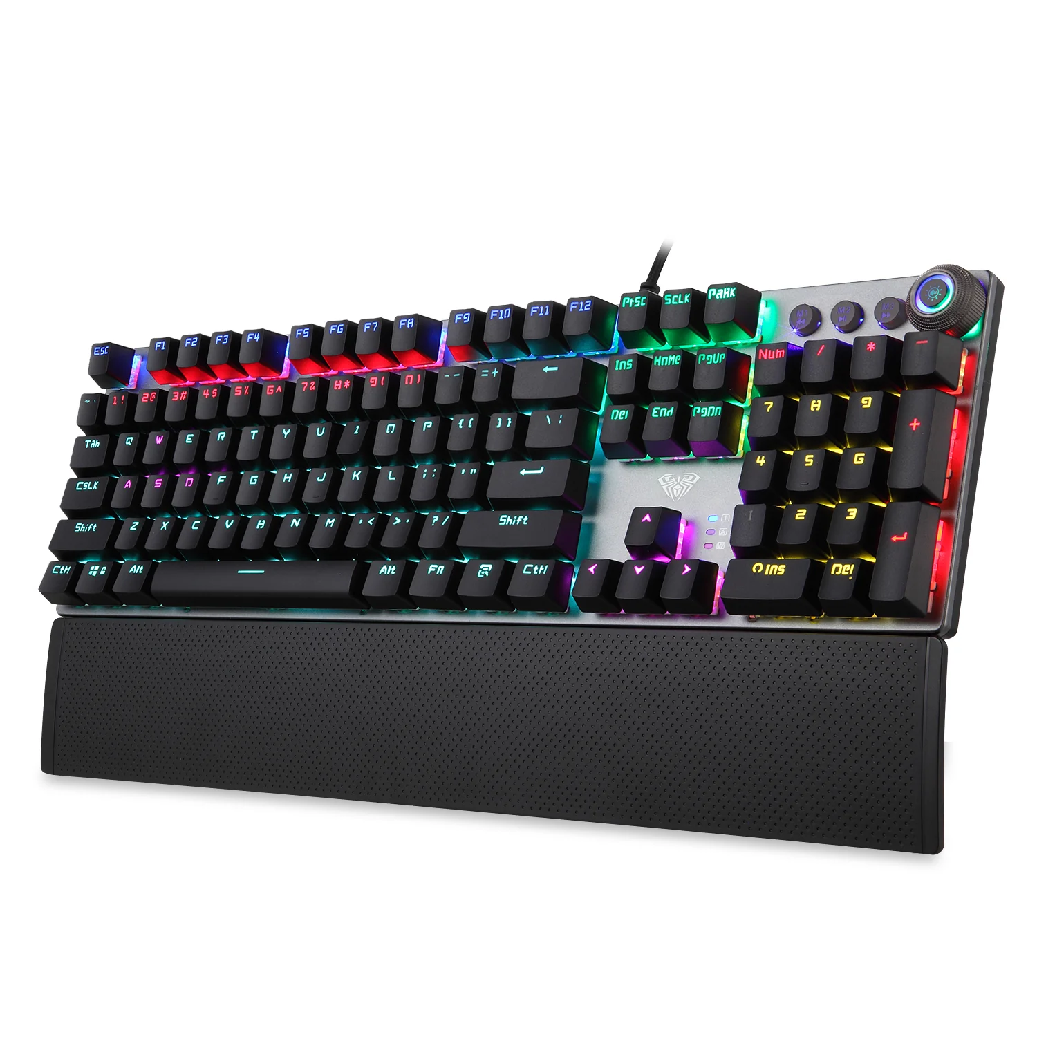 AULA F2058 at three quarters: the metal plate, the zoned lighting and the wrist rest