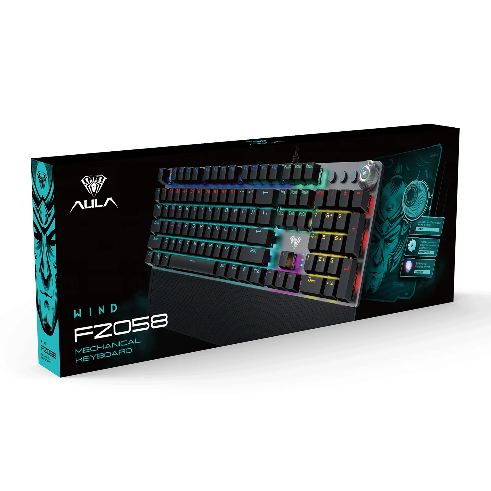 The AULA F2058 WIND-series box with the keyboard and wrist rest pictured on the front