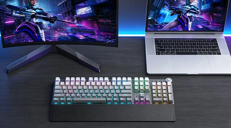 AULA F2088 Air on a desk alongside a gaming monitor and a laptop