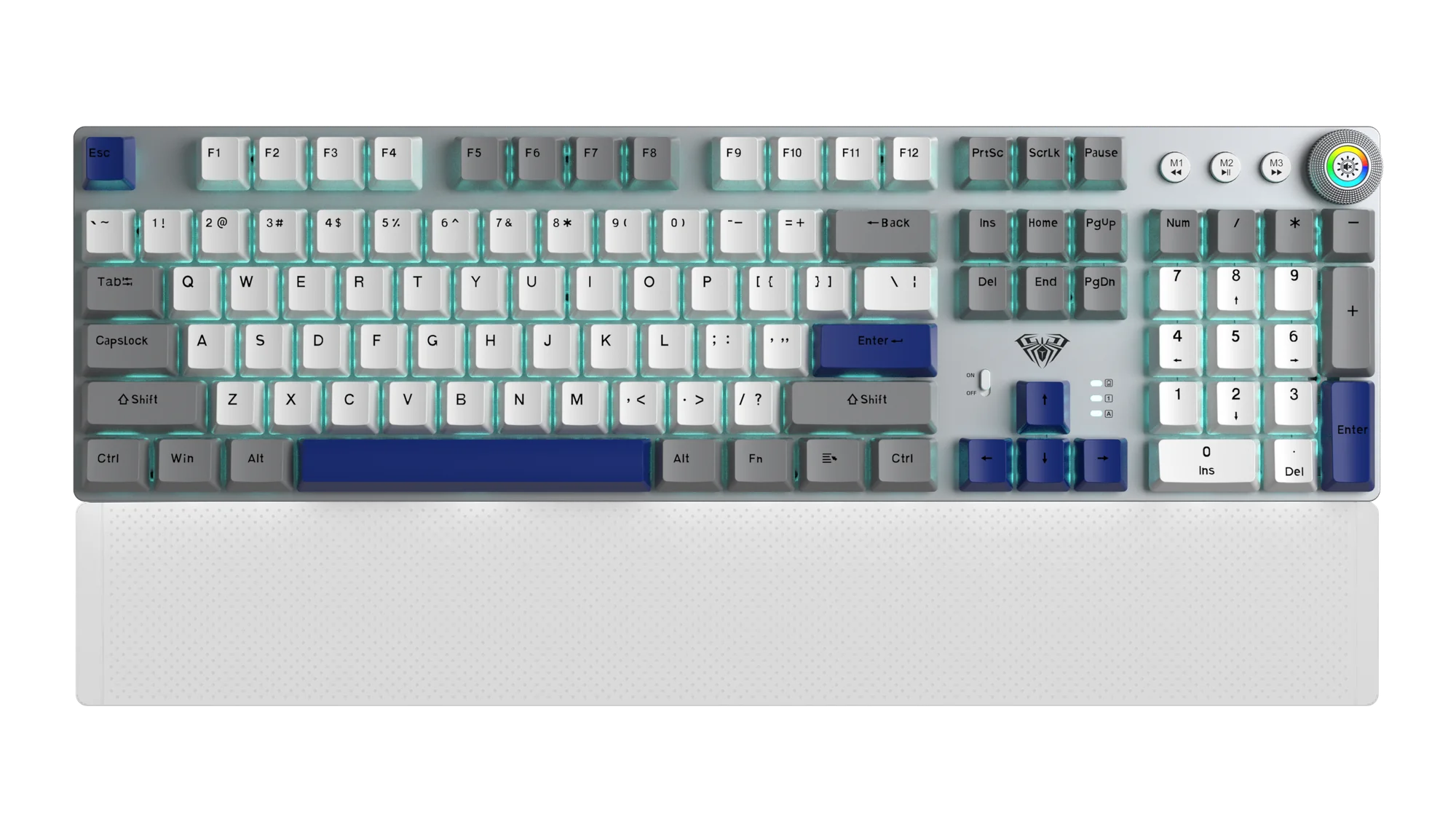 AULA F2088 Air in Ice Blue: silver case, white and blue keycaps, control knob and a white wrist rest