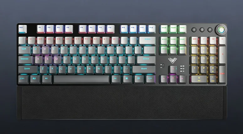 AULA F2088 Air in AULA’s gradient gray finish from above: 104 keys, the M1–M3 buttons, the knob and the wrist rest
