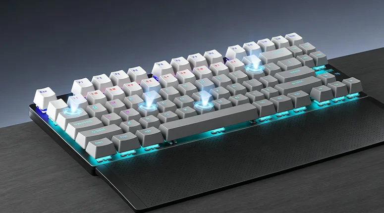 AULA F2088 Air with its wrist rest on a desk, keys lit in a turquoise tone