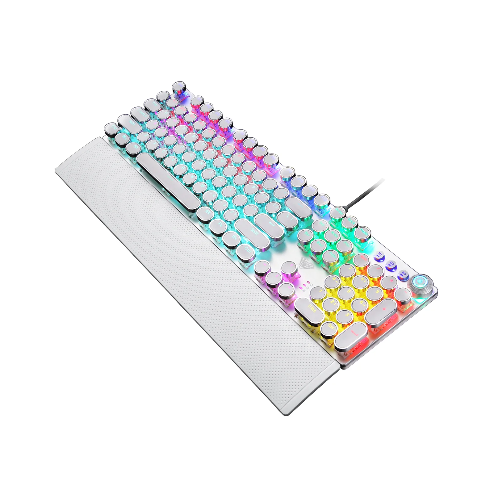 AULA F2088 angled from above: the tall silver case, the attached wrist rest and the glowing round keys