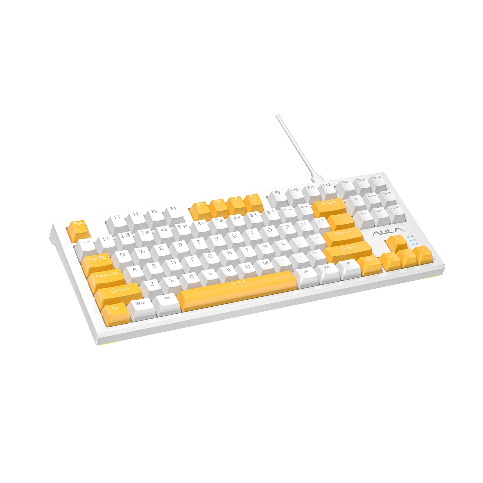 AULA F3032 mechanical keyboard in white with yellow accent keycaps, an 87-key TKL layout