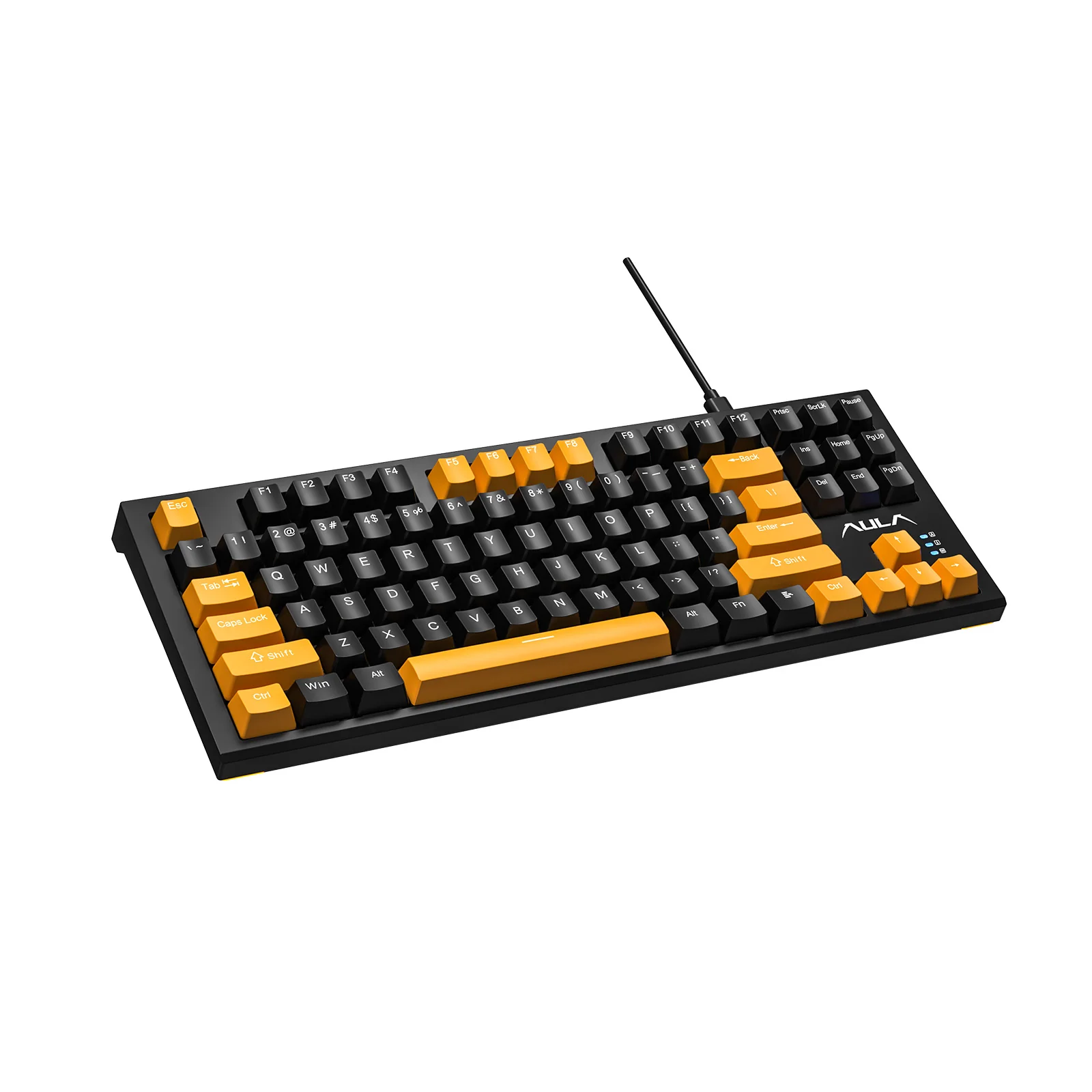 AULA F3032 in black with yellow accent keycaps and the USB cable, seen at three quarters
