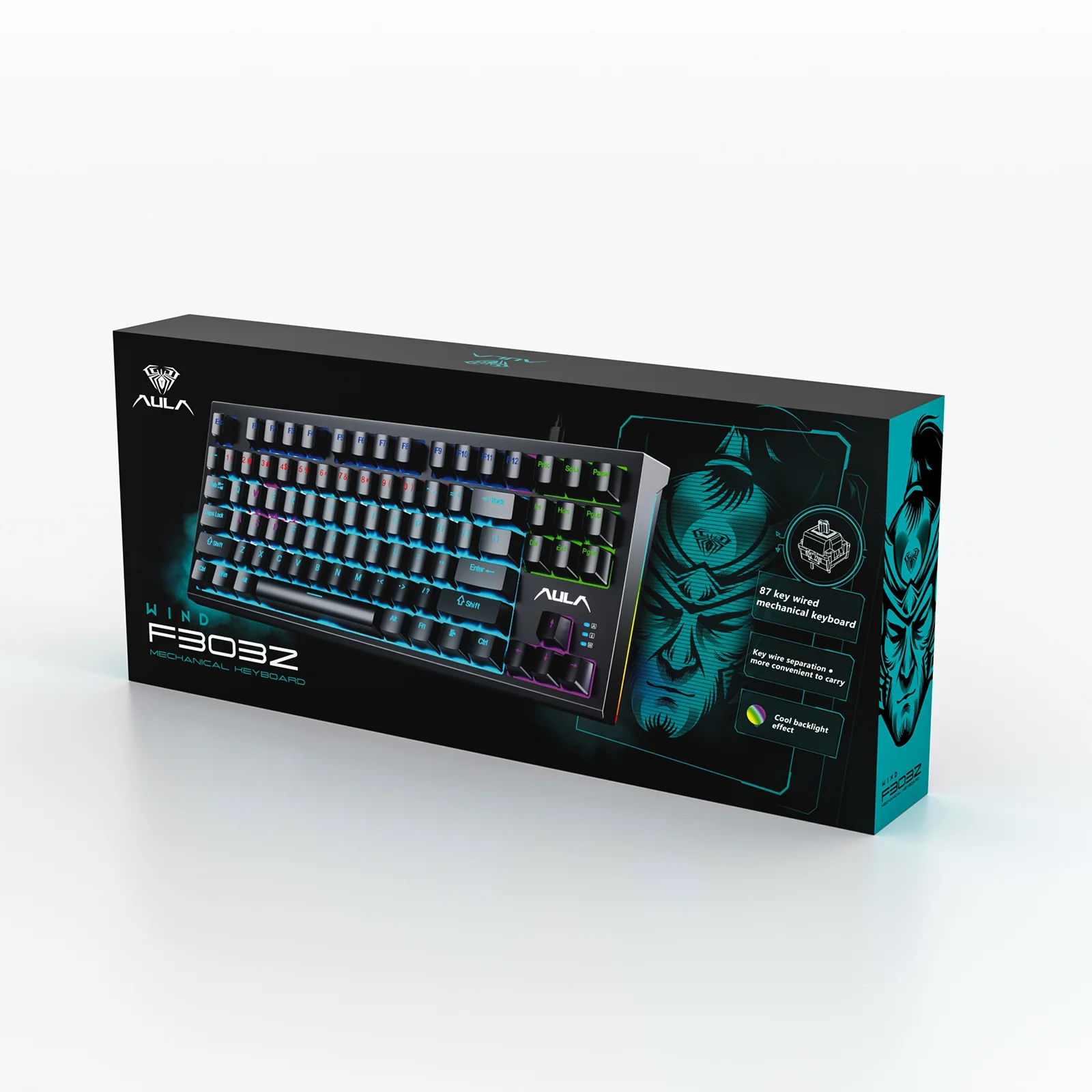 The AULA F3032 box with the WIND sub-name: the front shows the keyboard and the line “87 key wired mechanical keyboard”