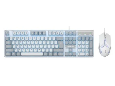 AULA F3061 Combo, вариант «белый с серым»: белые и серые клавиши, голубая подсветка по контуру, белая мышь