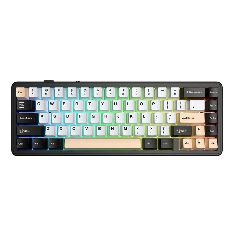 AULA F65 keyboard from above: black case, white and pink-beige keycaps, RGB lighting