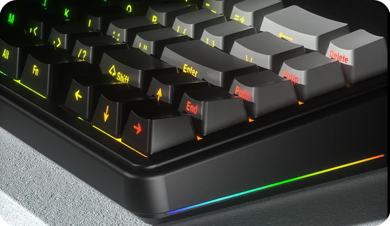 A close-up of the AULA F65 corner: the glowing RGB strip around the case and the keycaps