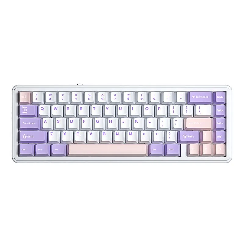 AULA F65 from above: white case with purple and pink keycaps