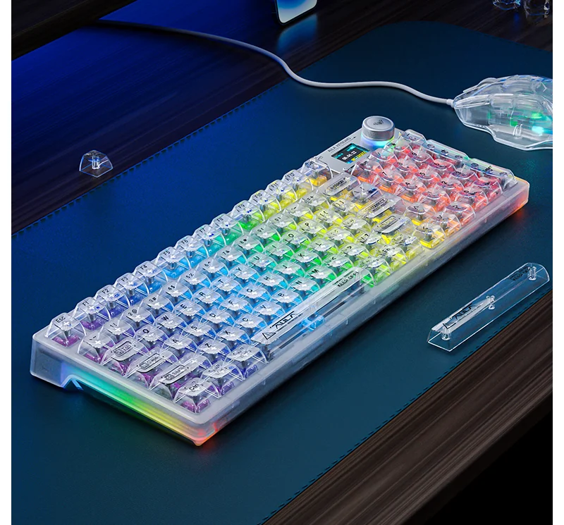 AULA F98 Pro на столе с включённой RGB-подсветкой: прозрачный корпус, экран и ручка