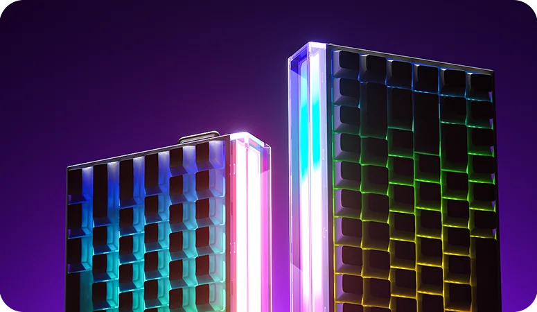 Неоновая RGB-панель AULA HERO 84 HE на верхней грани: две клавиатуры, вид сзади