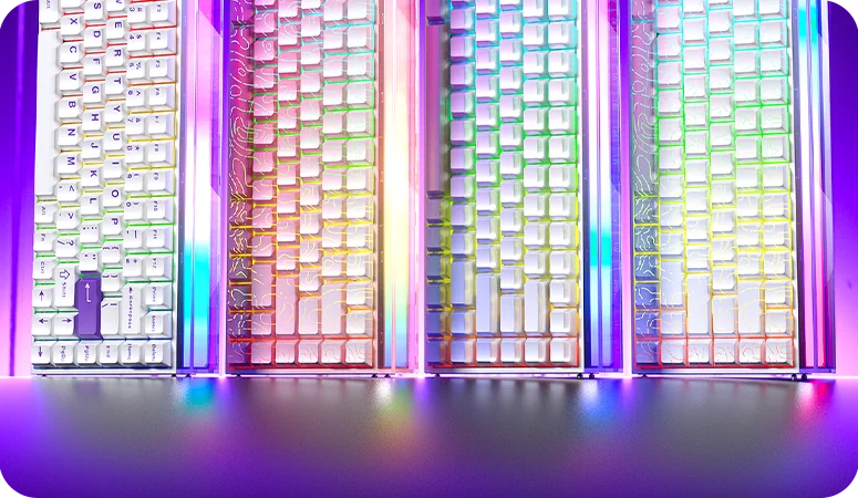 Четыре расцветки AULA HERO 84 HE в ряд с включённой RGB-подсветкой