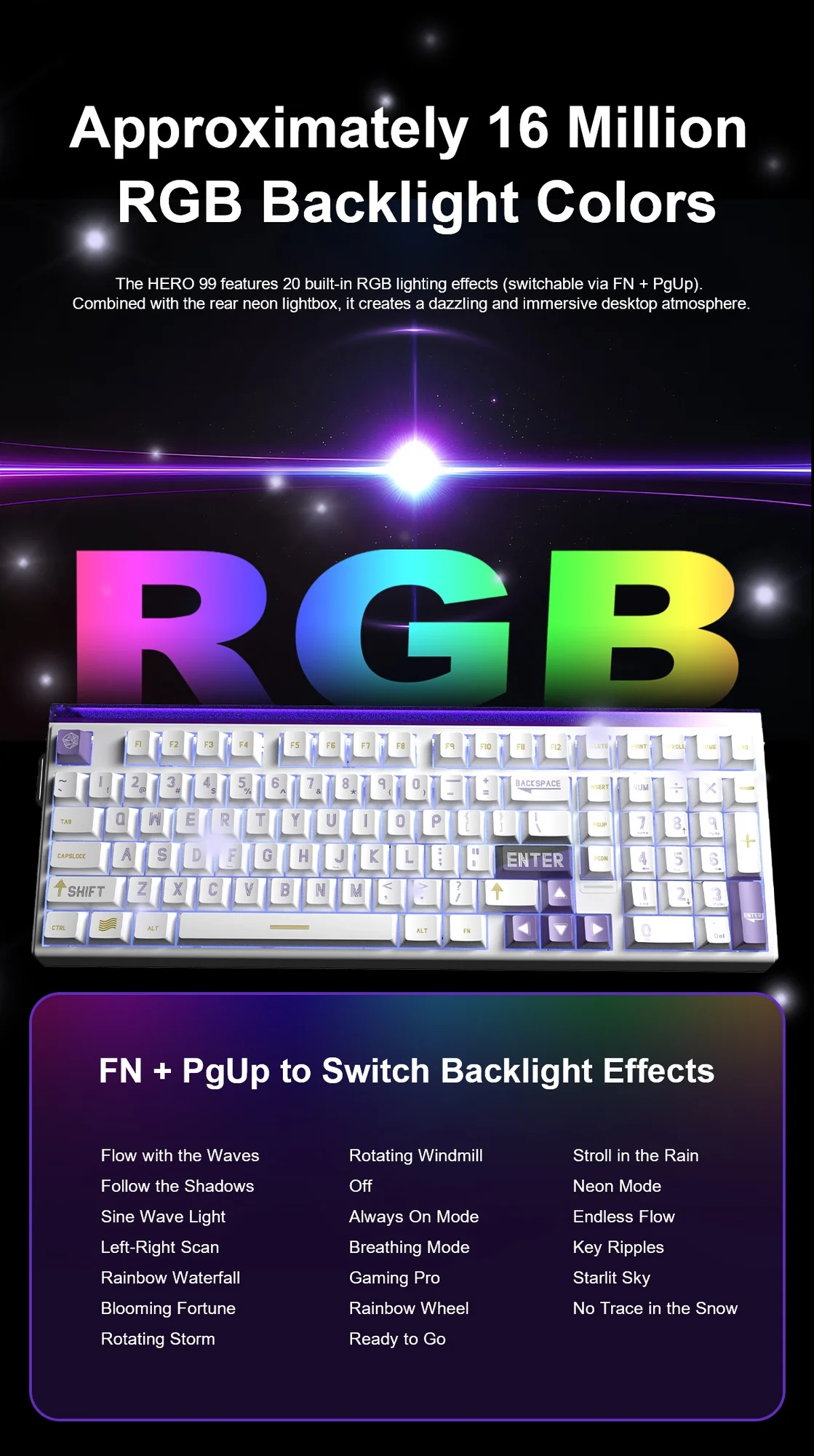 RGB-подсветка AULA HERO 99 и список из 20 эффектов, переключаемых сочетанием FN + PgUp