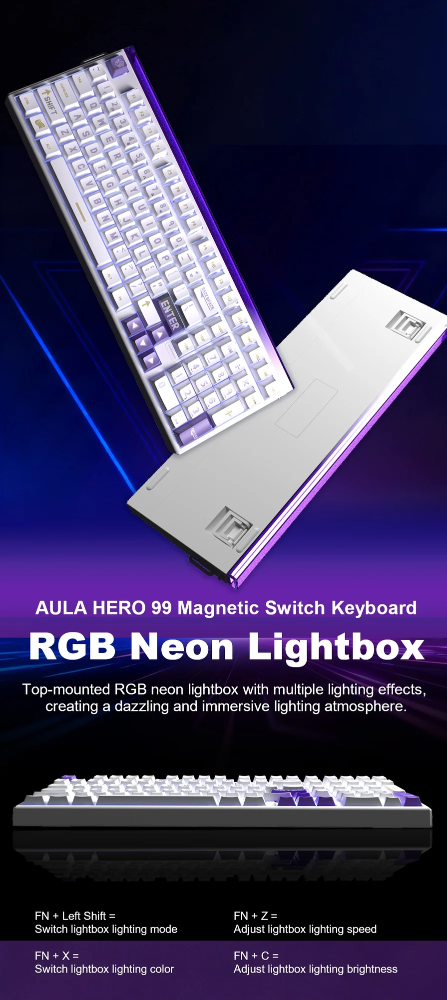 Неоновая RGB-панель вдоль верхнего края AULA HERO 99 и подсказки по сочетаниям клавиш FN