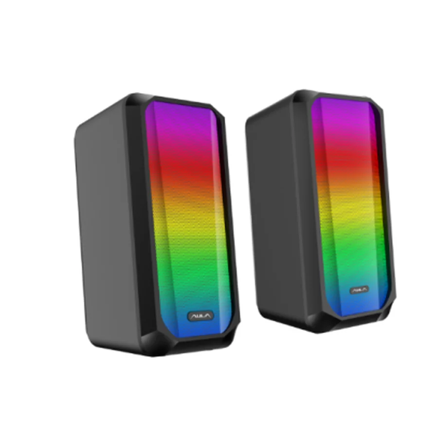Колонки AULA N-600: пара высоких чёрных корпусов, вся передняя панель светится радугой