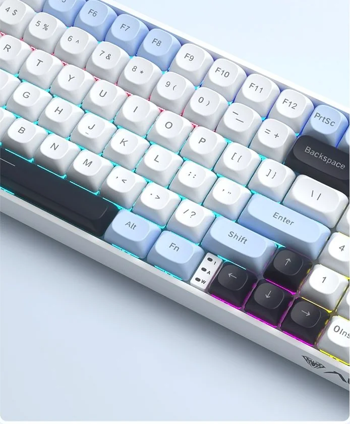 A close-up of the AULA S100 Pro's zoned lighting, with rows of caps lit in different colours