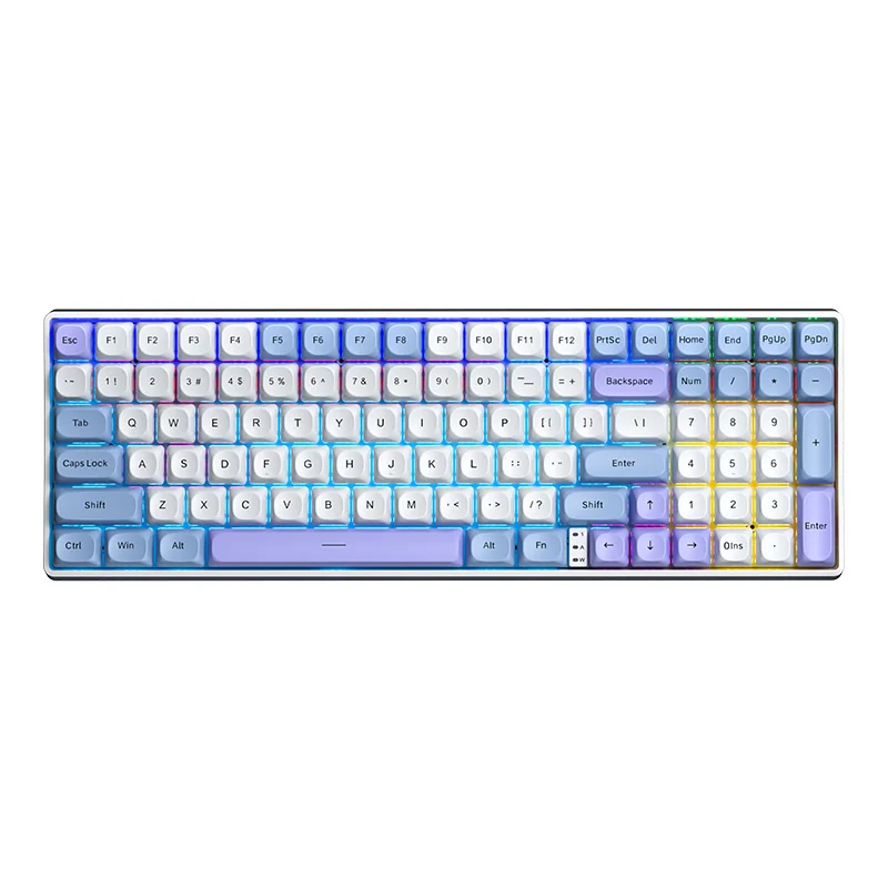 The second AULA S100 Pro colourway: a light blue base with a purple spacebar, Backspace, Enter and arrows
