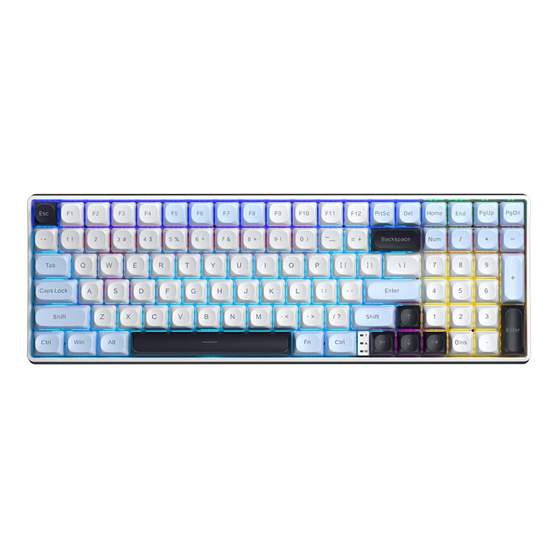 AULA S100 Pro from above: 99 keys, light blue and white caps, with a black spacebar, Backspace and arrows
