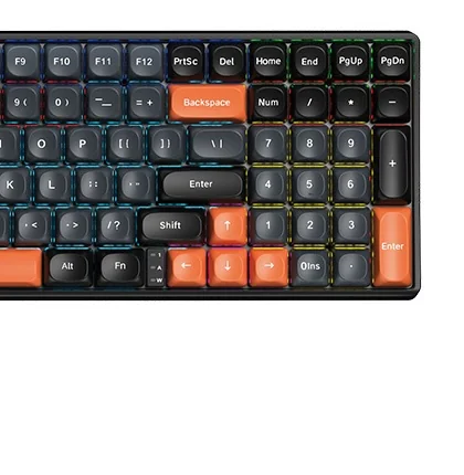 Close-up of the AULA S100's right side: the number pad, the orange Enter, the arrows and the Num, Caps and Win LEDs