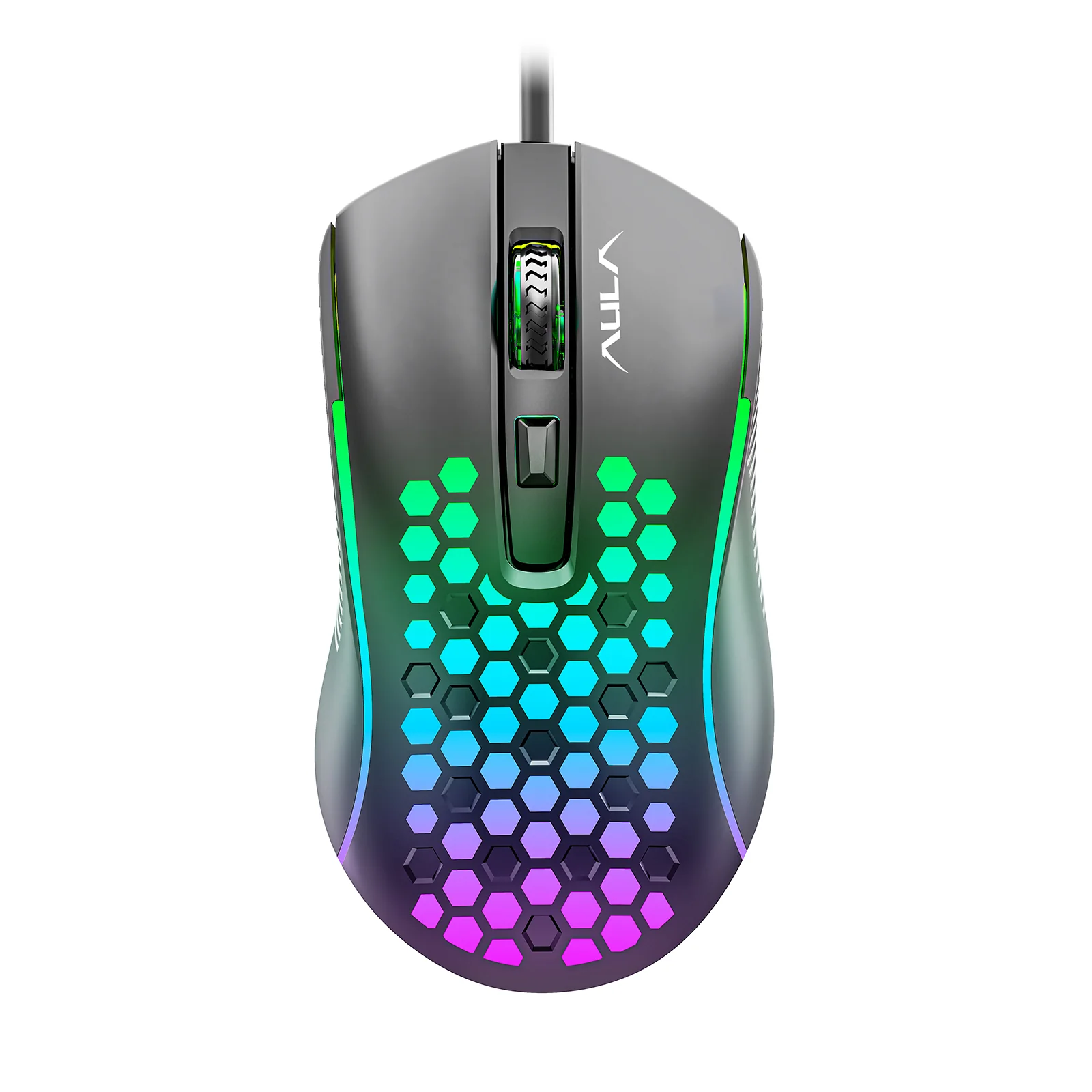 Игровая мышь AULA S11 сверху: сотовые вырезы с разноцветной RGB-подсветкой