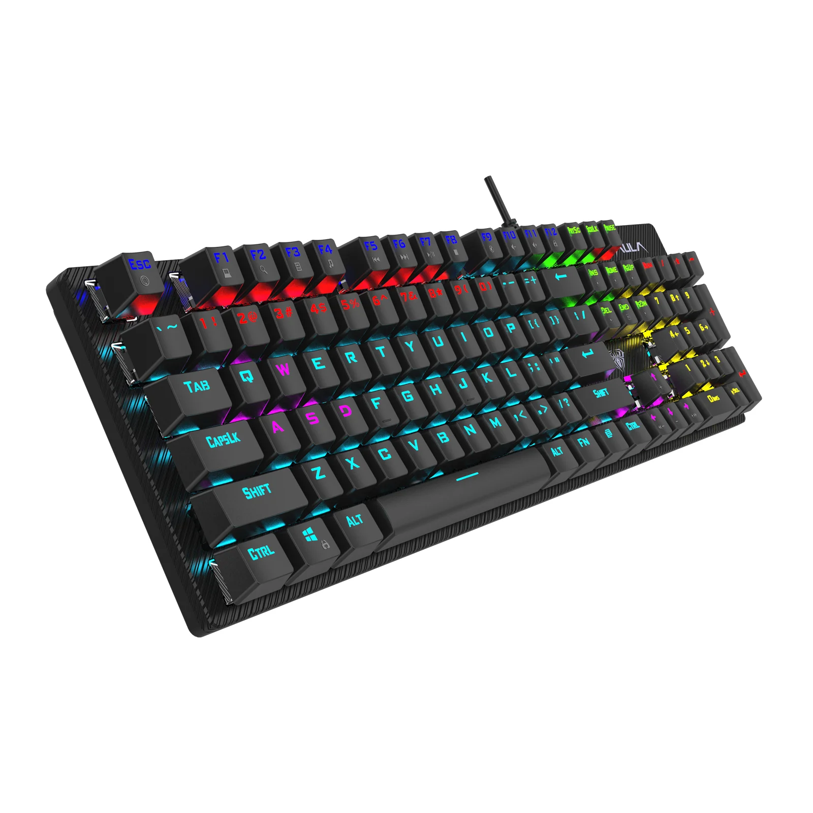 The AULA S2022 from a front-left angle: stepped key rows, the exposed top plate and the USB cable