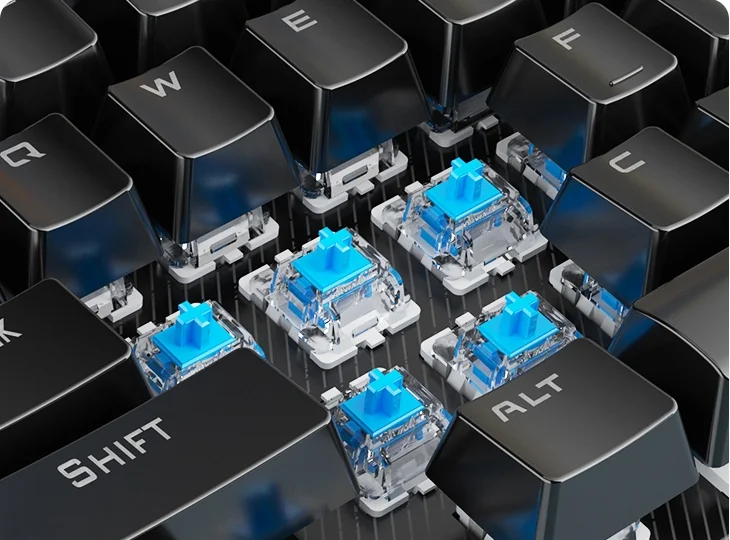 Blue switches under the removed caps of the AULA S2022: clear housings and blue stems