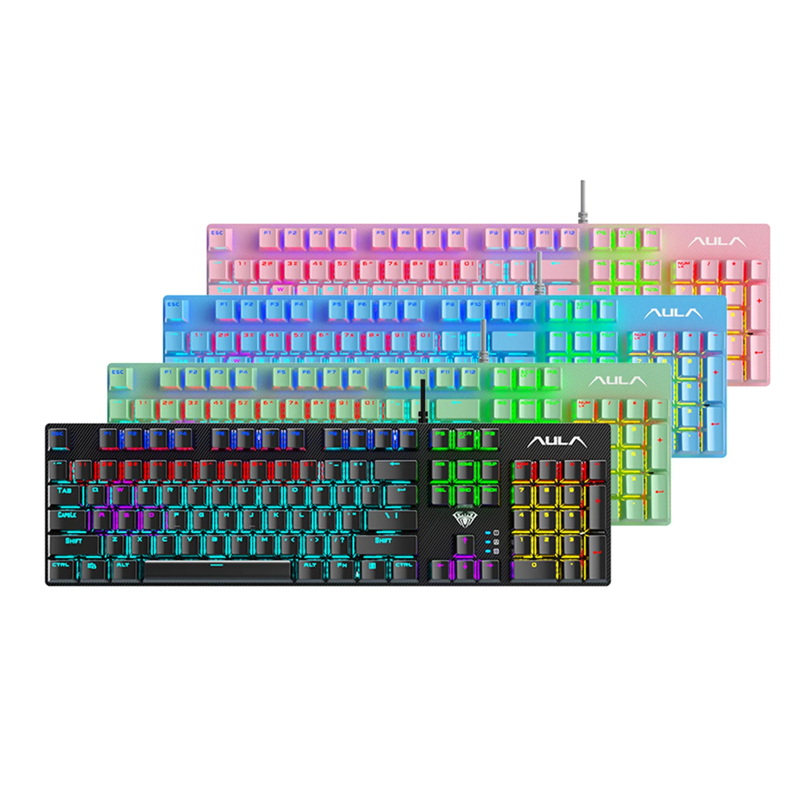 The AULA S2022 series colourways: the pink, blue, green and black keyboards side by side