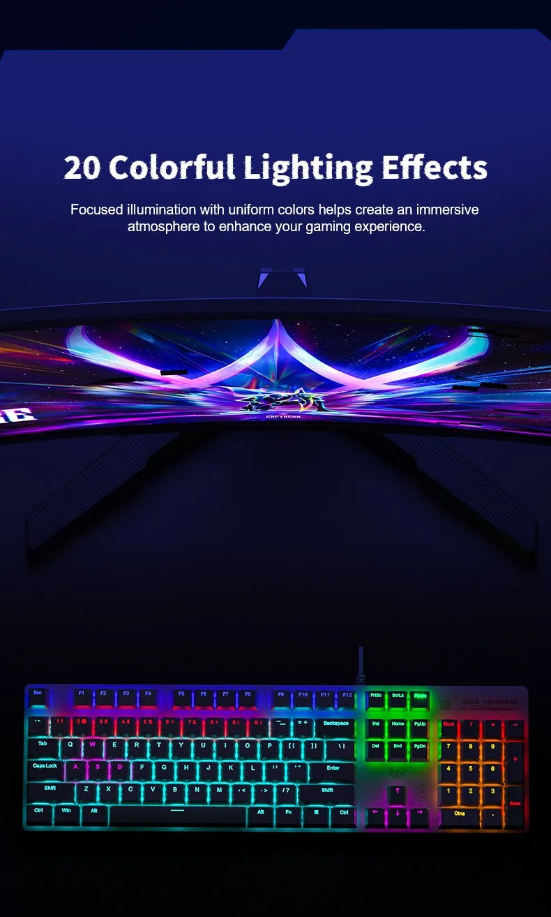 AULA S500 with its zoned backlighting on, in a dark room in front of a gaming monitor