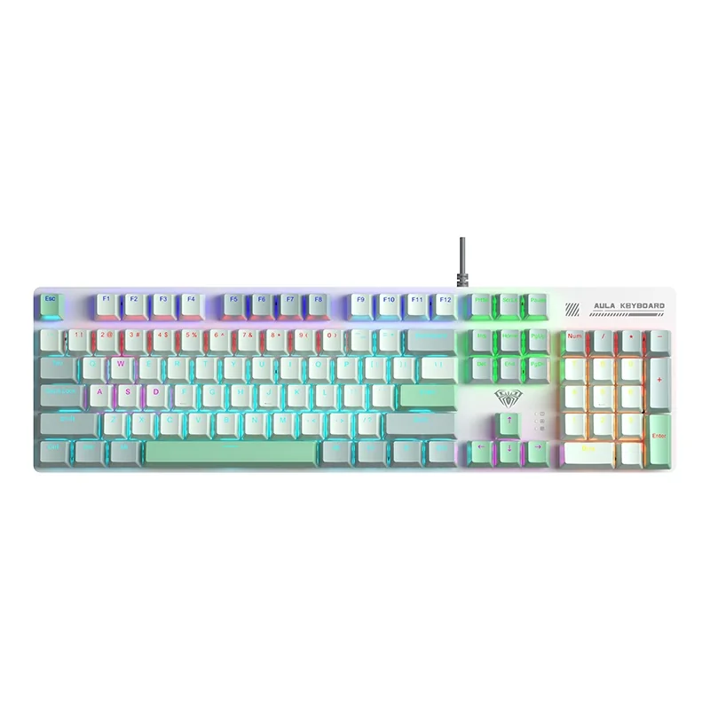 AULA S500 in a light case with white and mint keycaps and zoned rainbow backlighting, seen from above