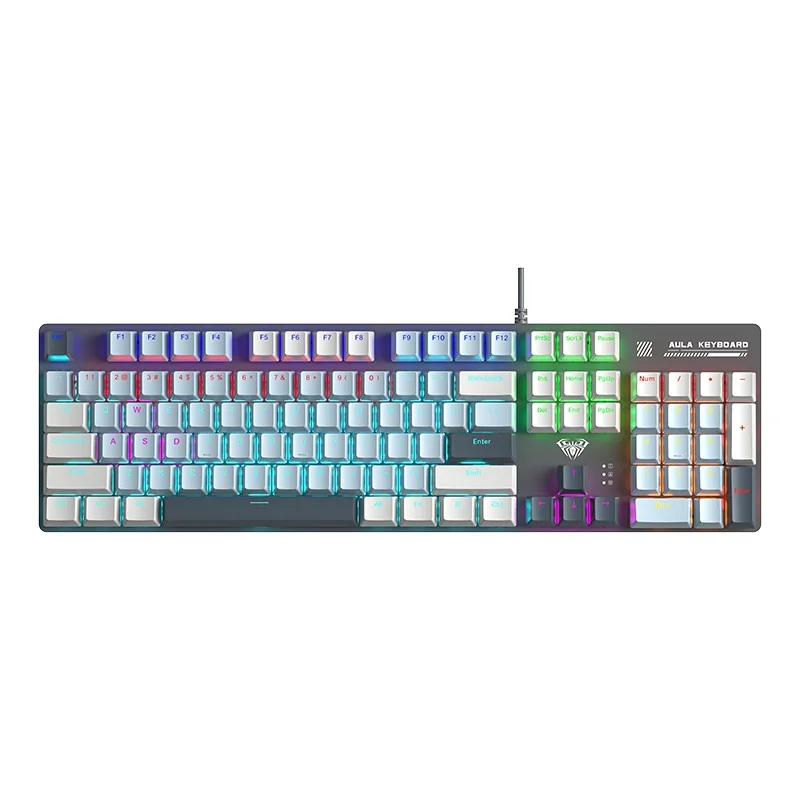 An AULA S500 factory colourway: dark grey case, white keycaps and zoned backlighting