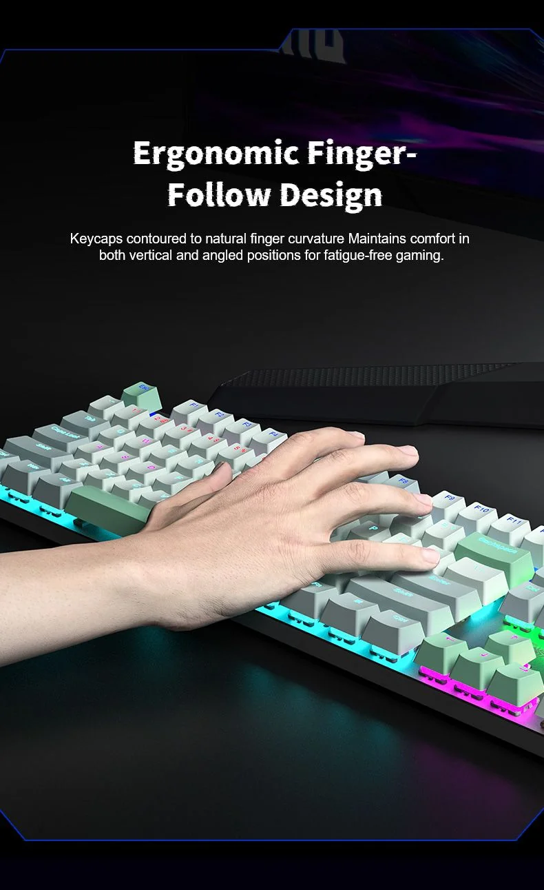 A hand resting on the AULA S500: the keycap profile follows the natural curve of the fingers