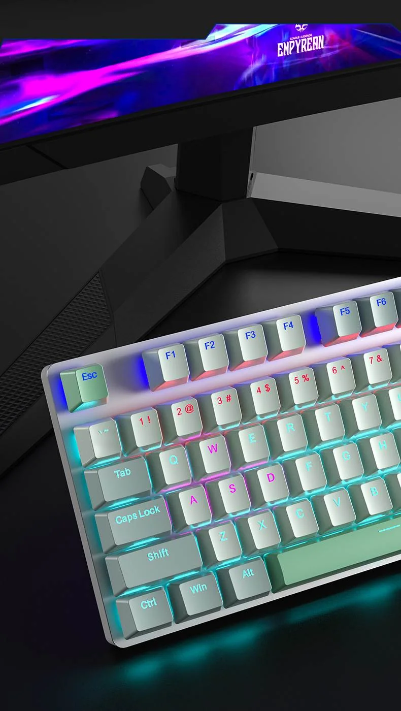 Close-up of the AULA S500's retro-coloured PBT keycaps on a dark desk
