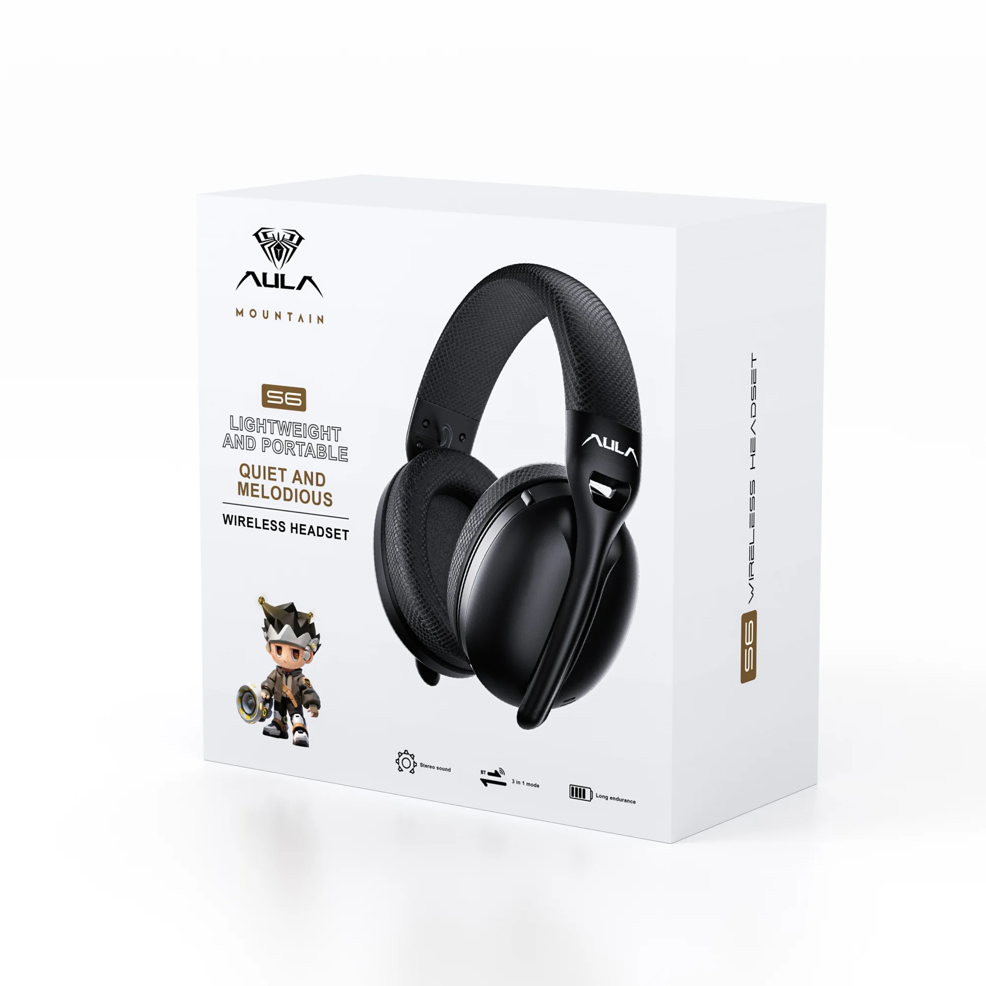 The AULA S6 retail box from the MOUNTAIN line, showing the headset and the mode icons