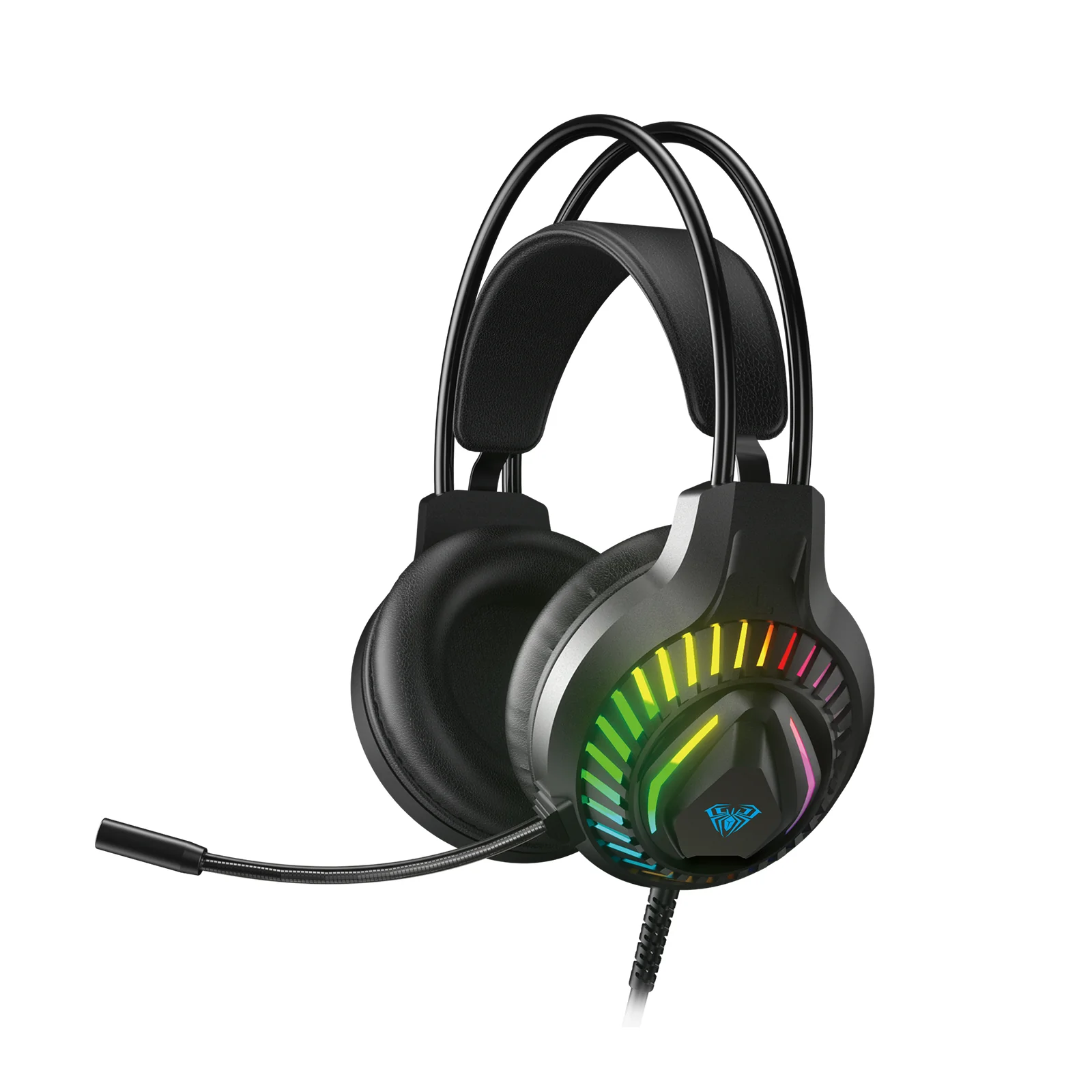 Проводная гарнитура AULA S605 в три четверти: чёрные чашки с RGB-лучами и гибкий микрофон