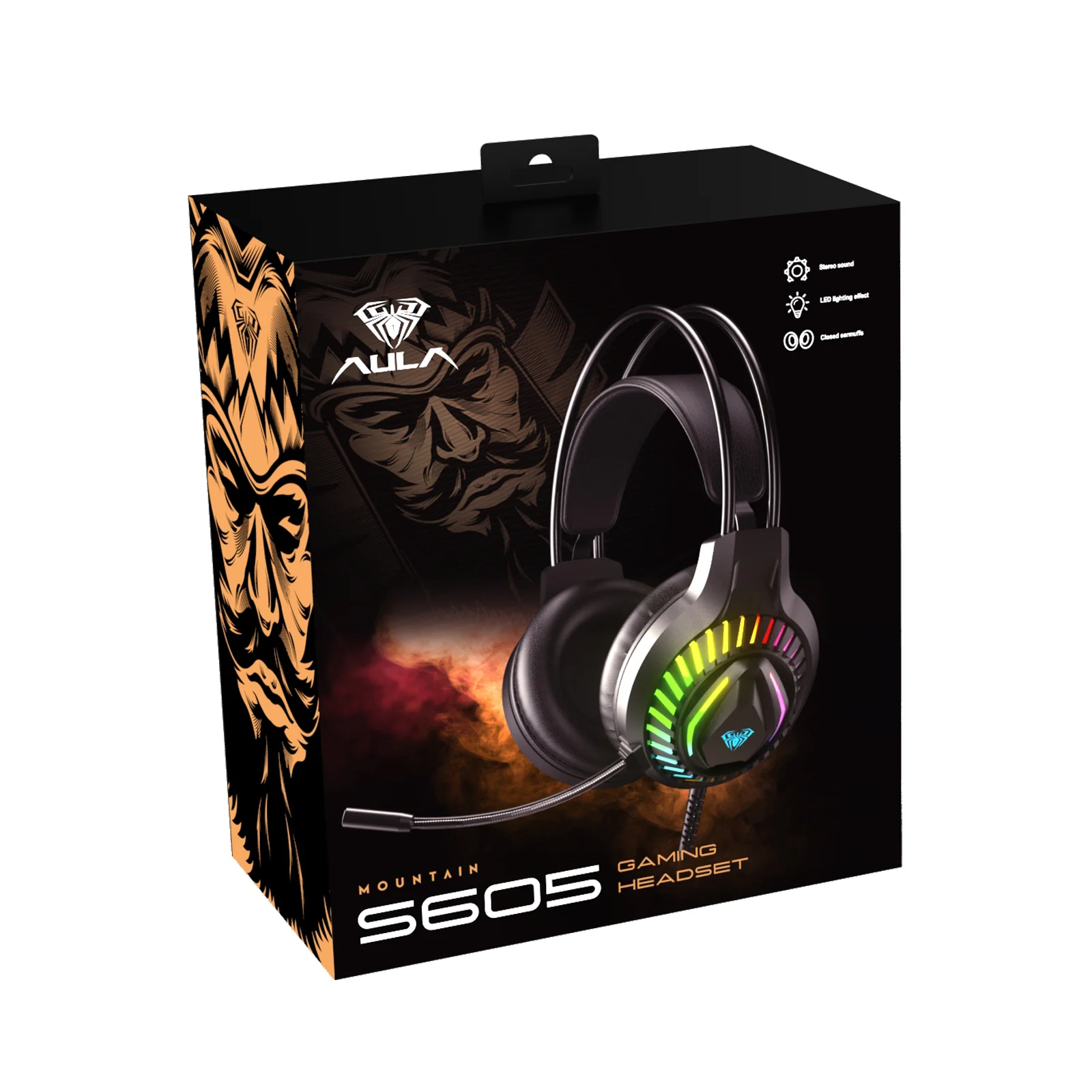 Коробка AULA S605 с подписью Mountain S605 Gaming Headset и значками стереозвука и подсветки