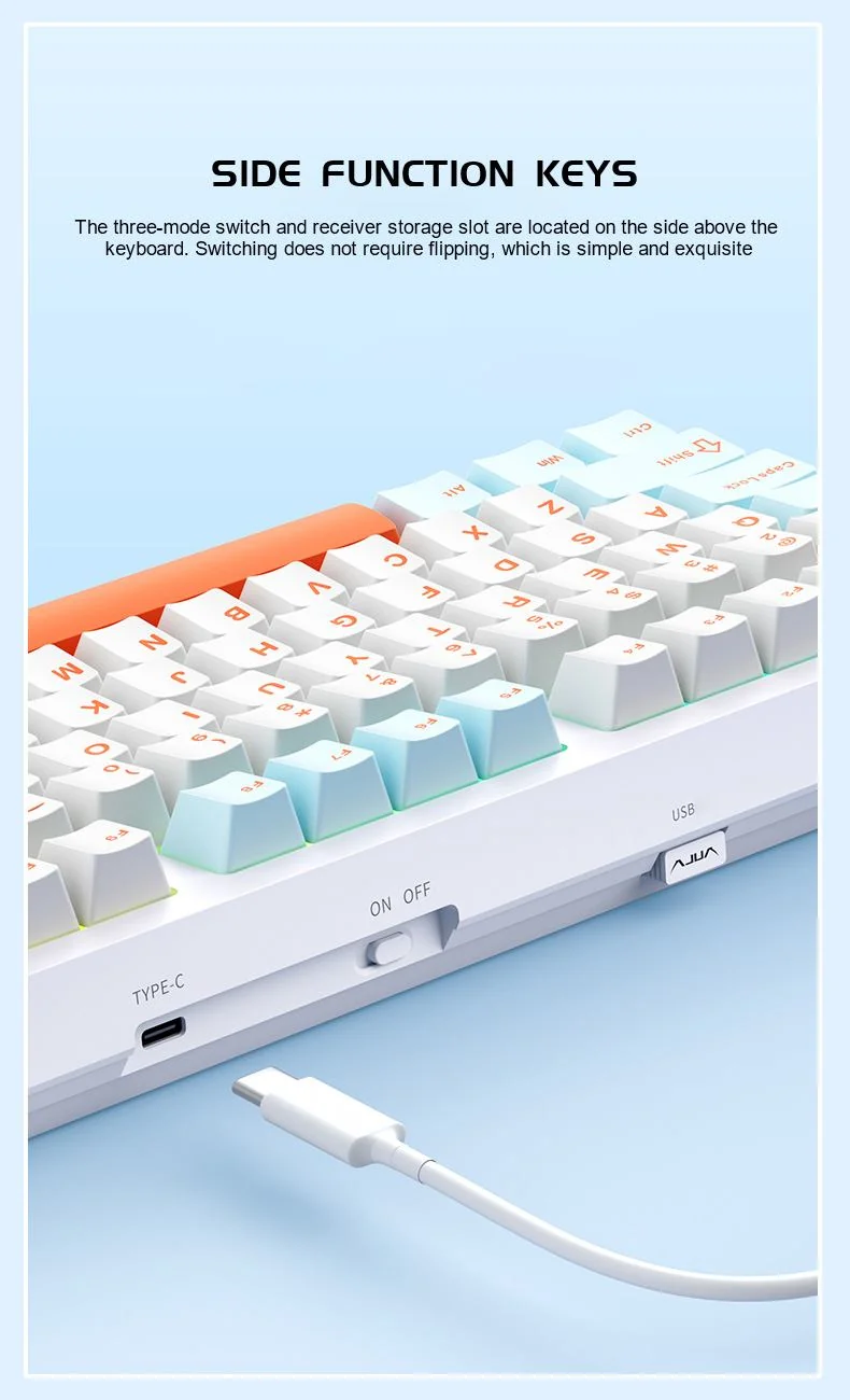 Торец AULA S98 Pro в расцветке Sea Salt Orange: порт USB-C, выключатель питания и слот для приёмника 2,4 ГГц