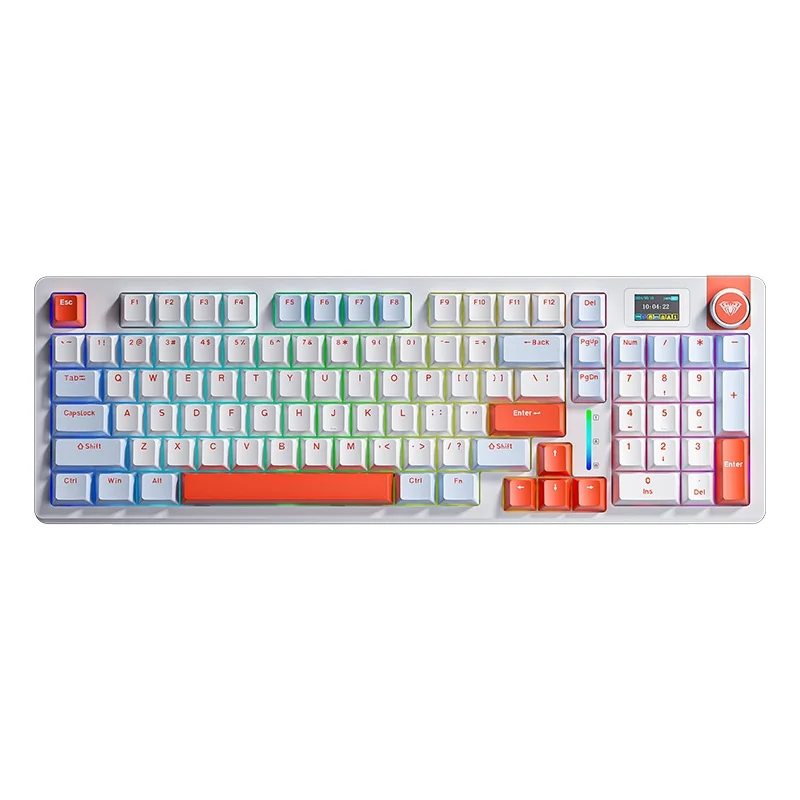 Клавиатура AULA S98 Pro, расцветка Sea Salt Orange: сине-белые кейкапы с оранжевыми Esc, Enter и пробелом, вид сверху